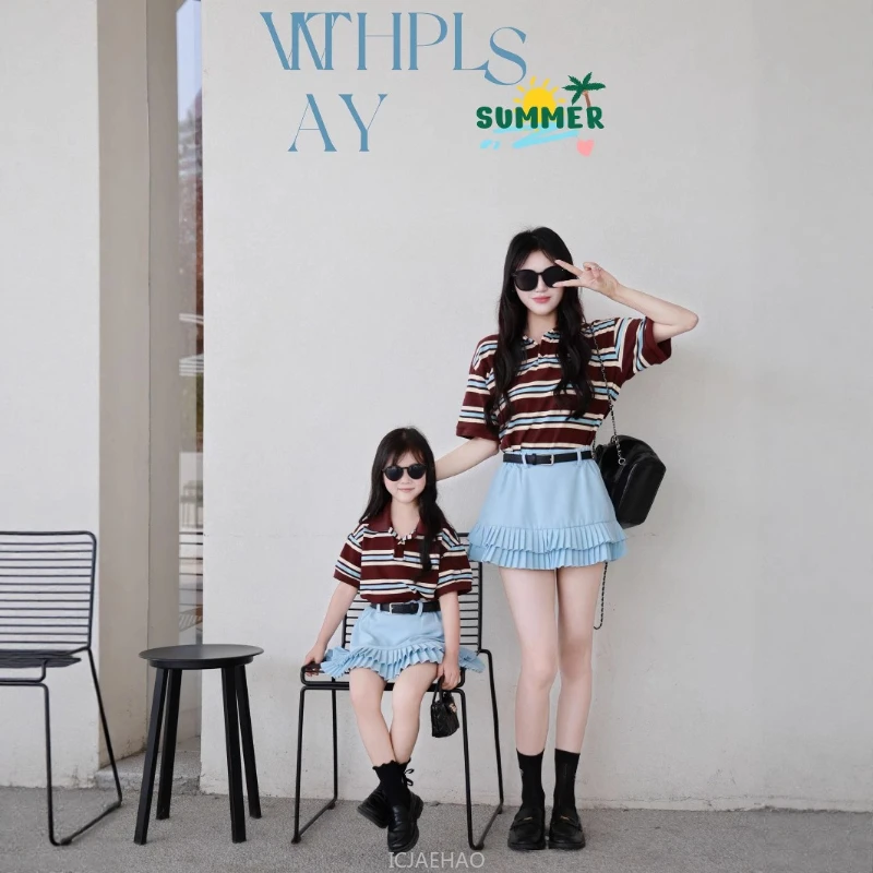 

2025 Mom Daughter Matching Outfits Summer New American Style Striped Tshirt with Mermaid Skirt Set Mommy and Me Twin Clothes