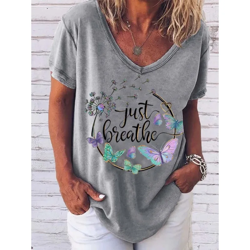 ilstile Women's Just Breathe Flower Print T-Shirts Summer Short Sleeve T Shirt Casual Loose V Neck Tops Tees White NEW
