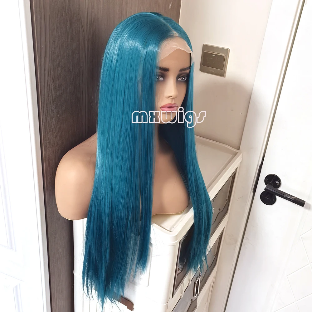 

MXWIG Synthetic Hair Blue Green Straight Glueless Lace Front Wig For Black Women Preplucked 26 " Long Daily Fiber Cosplay
