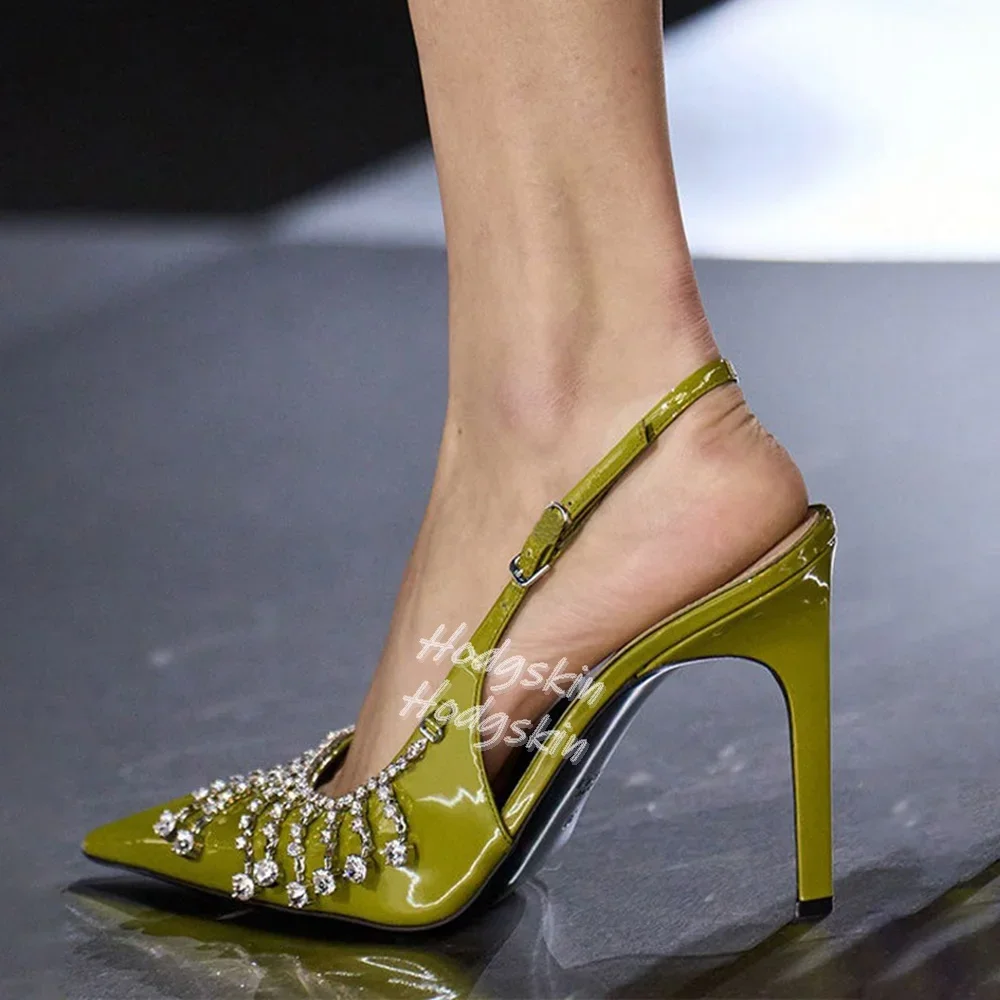 Silver Rhinestone Chain Women Sandals Pointed Toe Thin High Heels Elasticity Slingback Strap Buckle Solid Women Stilettos 2025