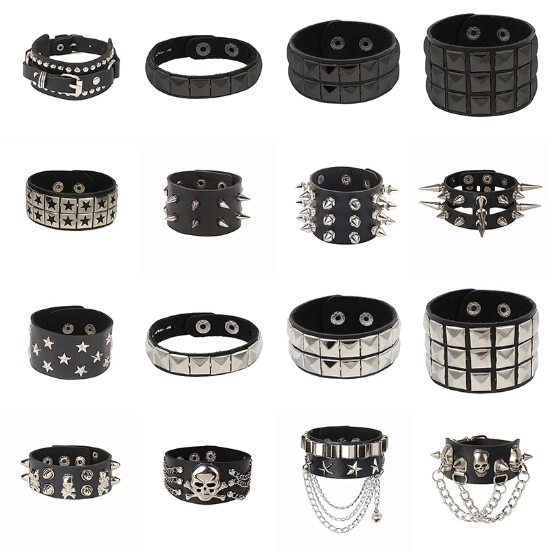 Neue Schwarz Punk Stern Spikes Niet Schädel Verzierte Armband Pu Leder Armband Männer Frauen Goth Schmuck Gothic Zubehör