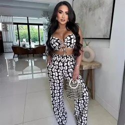 Black White Print 2 Piece Outfit Set Women Clubwear Vacation Spaghetti Strap Lace-up Crop Top and Wide Leg Pants Matching Sets