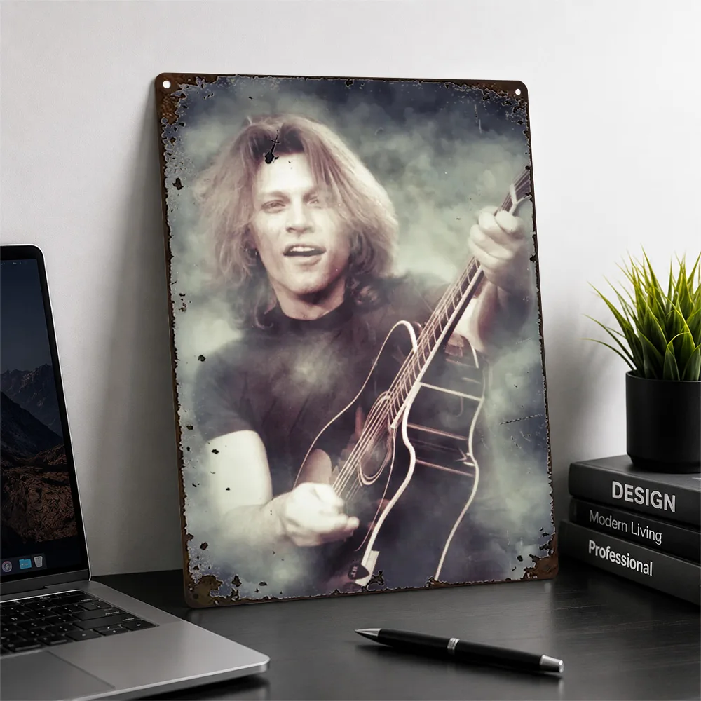 Bon Jovi Acoustic Guitar Portrait Printed Poster Smoky Wall Art For Bedroom Customized Aluminum Metal Sign Instrument Lover Gift
