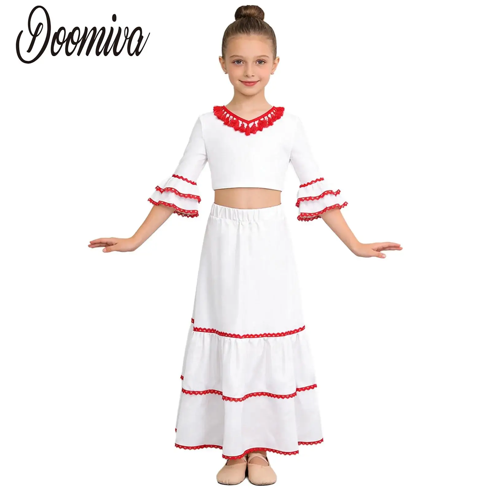 

Kids Girls Dance Gypsy Spanish Flamenco Outfit Half Sleeves Crop Top with Satin Tiered Skirt for Performance Festival Costumes