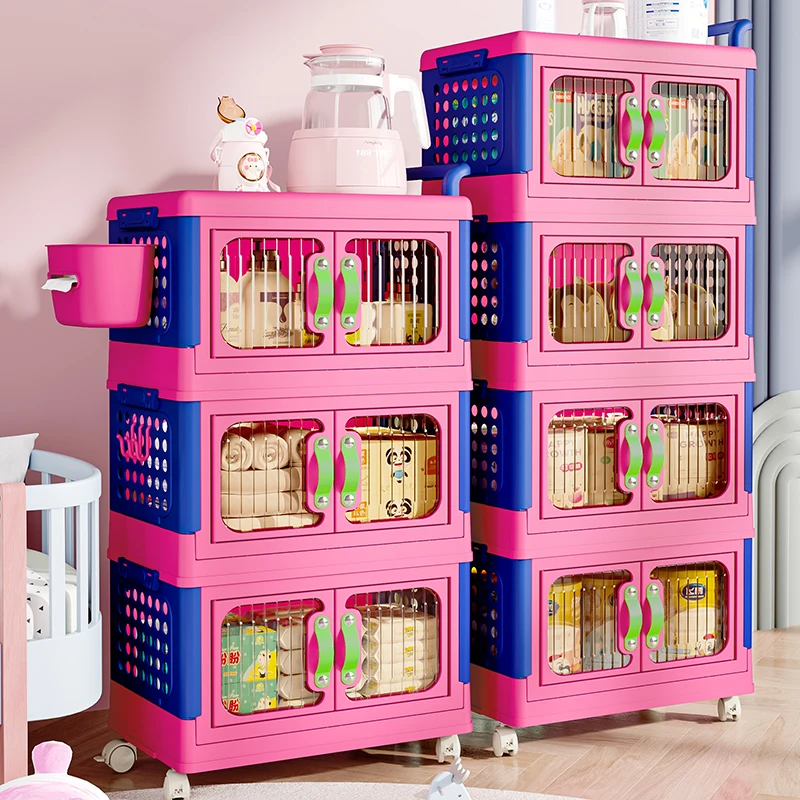 Selected PP Peg Board Storage Cabinet Plastic Children Wardrobe Cabinets Folding Storage Box With Swivel Wheels