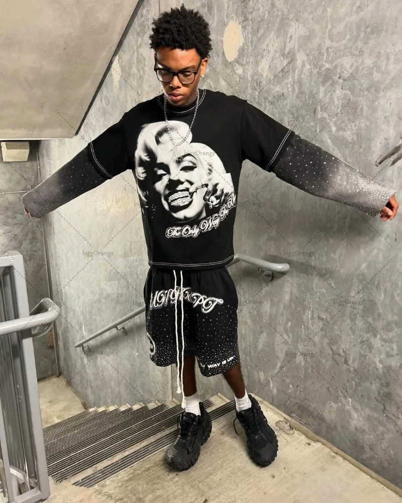 2024 Street Hip-hop Trendy Brand Clothing Tops Gothic Punk Portrait Print Fake Two-piece Men Y2K Harajuku Retro Casual Pullover