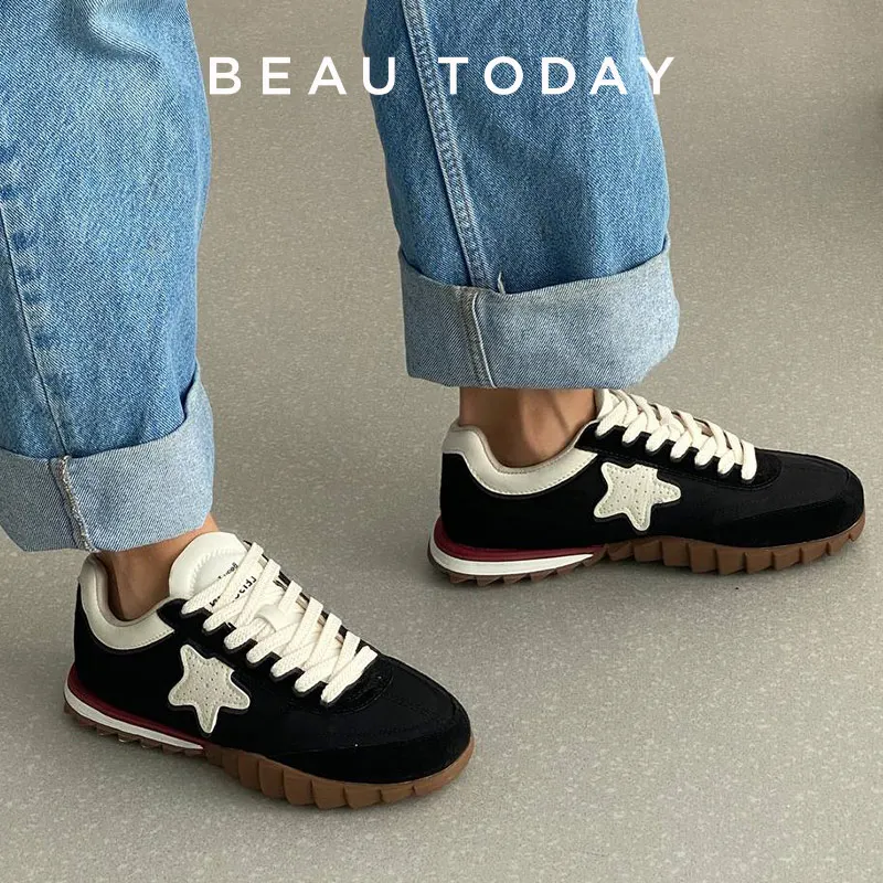 BeauToday Suede Sneakers Women Leather Patchwork Lace-up Star Applique Decoration Casual Ladies Vulcanized Shoes Handmade 29825