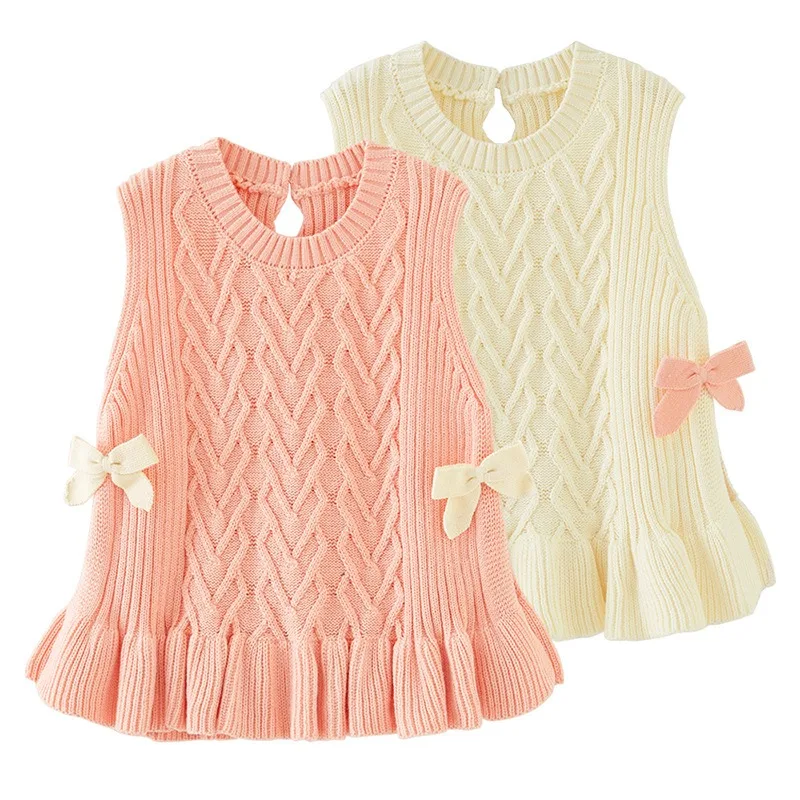 2026 Spring Autumn Pink Bow Girls Vest Sweater Dress Type Cotton Sweater Vest Toddler 1 2 3 4 5 6 7 8 9 10 Years Kids Clothes