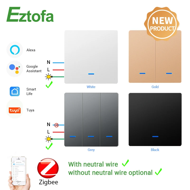 ZigBee Push Button Light Switch With/Without Neutral Wire,Smart Life/Tuya APP Remote Alexa Google Home Voice Control 2/3Way EU