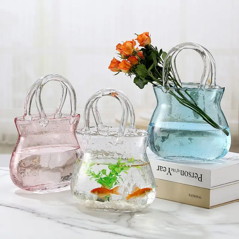 Handbag Shape Flower Vase Fish Tank Transparent Glass Hydroponic Plant Container for Home Office Decor Small Goldfish Container