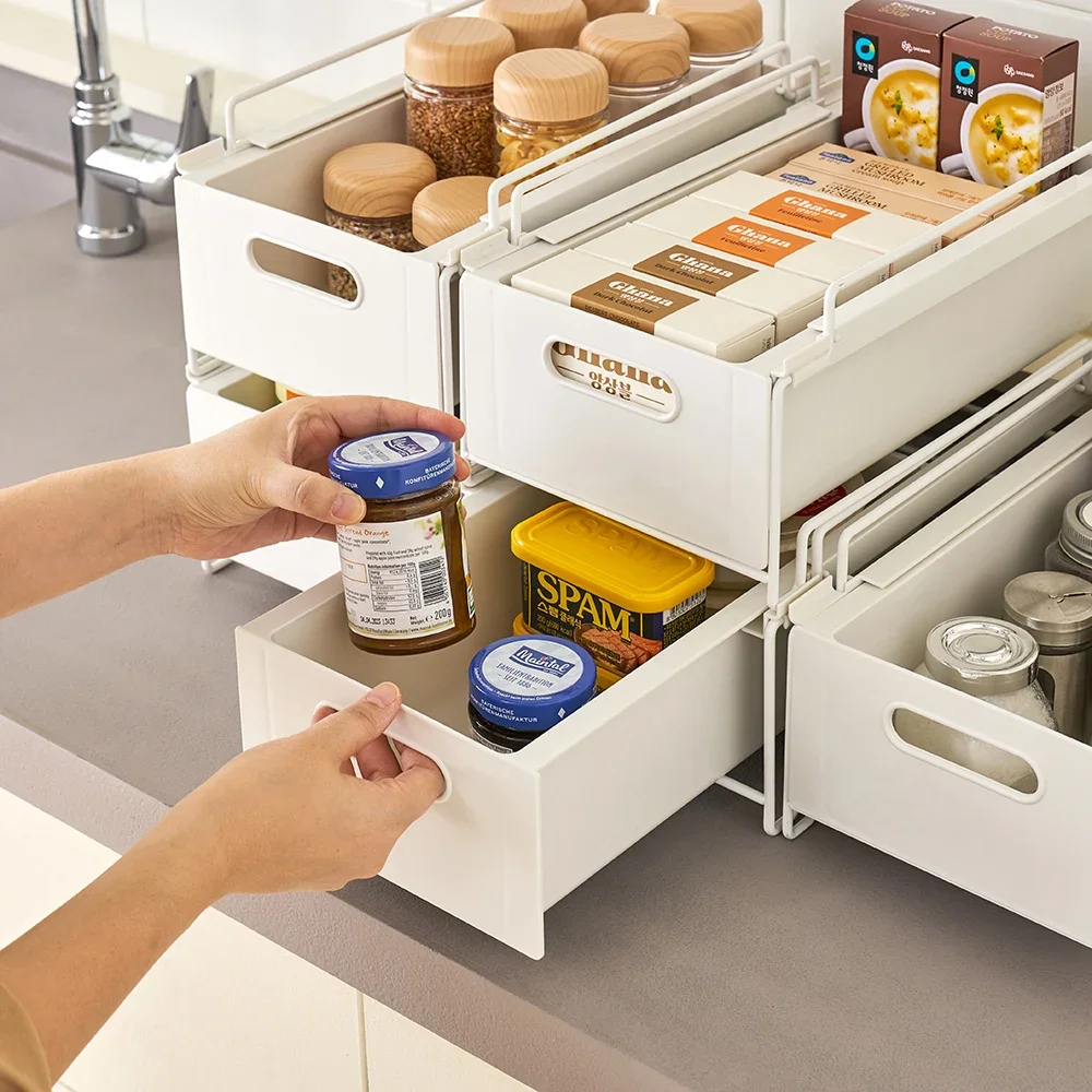 

Kitchen Cabinet Pull-Out Storage Basket Stackable Drawer Style Household Miscellaneous Sorting Shelf Cabinet Organization Rack