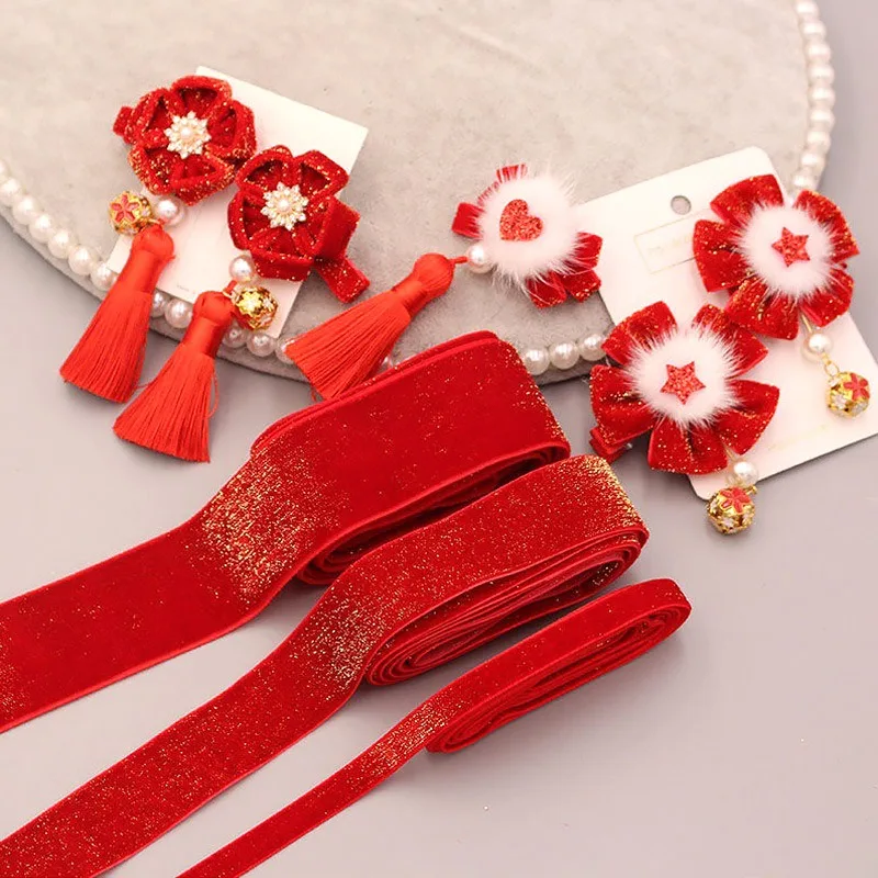 6/10/20/38mm christmas Velvet bow gift ribbon packaging DIY new year Red Velvet Gold Glitter Festival  Ribbon for decorationDD14