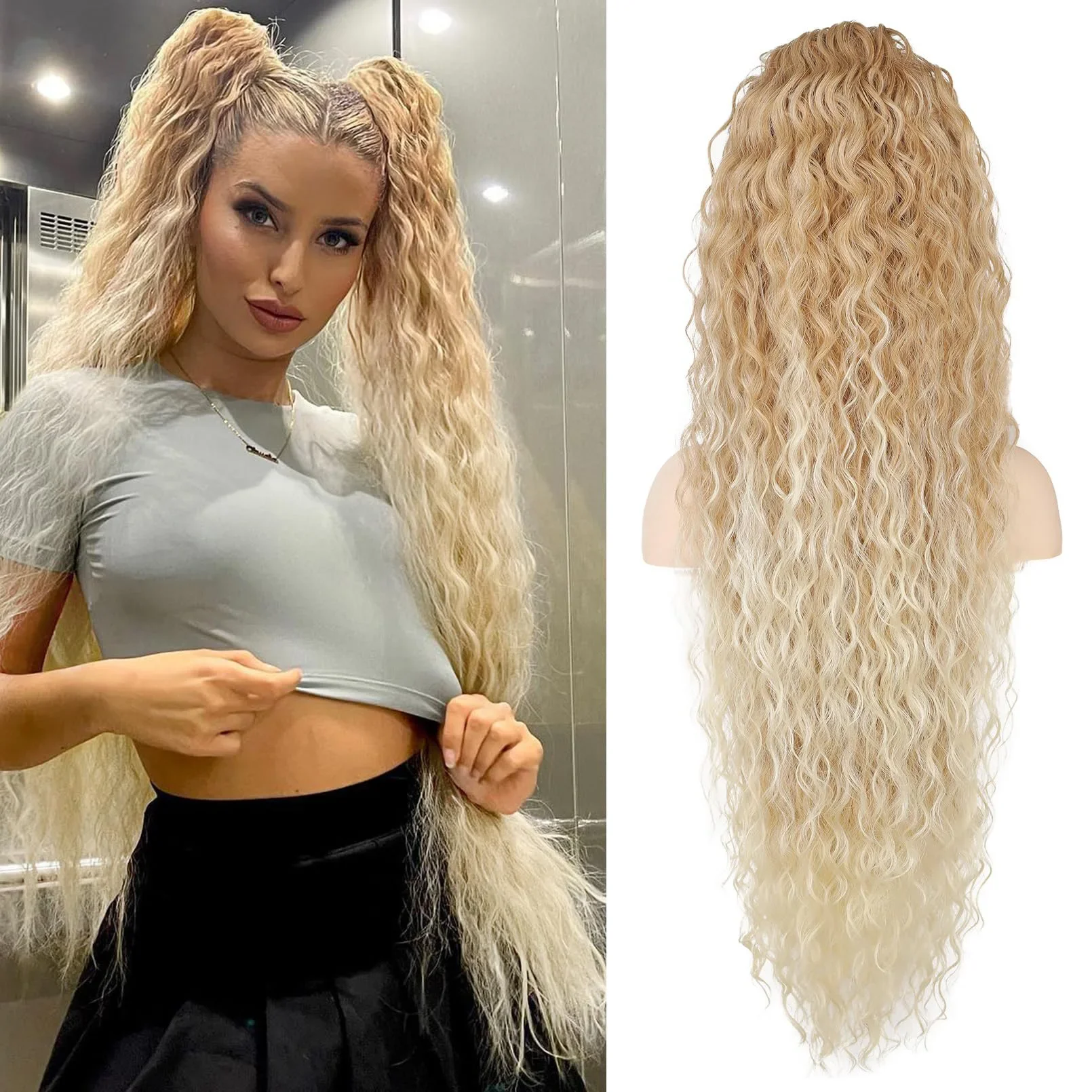 Synthetic 36 inch Drawstring Long Ponytail Extension Realistic Curly Fake Tail Multi Layered Soft Clip in Hairpiece