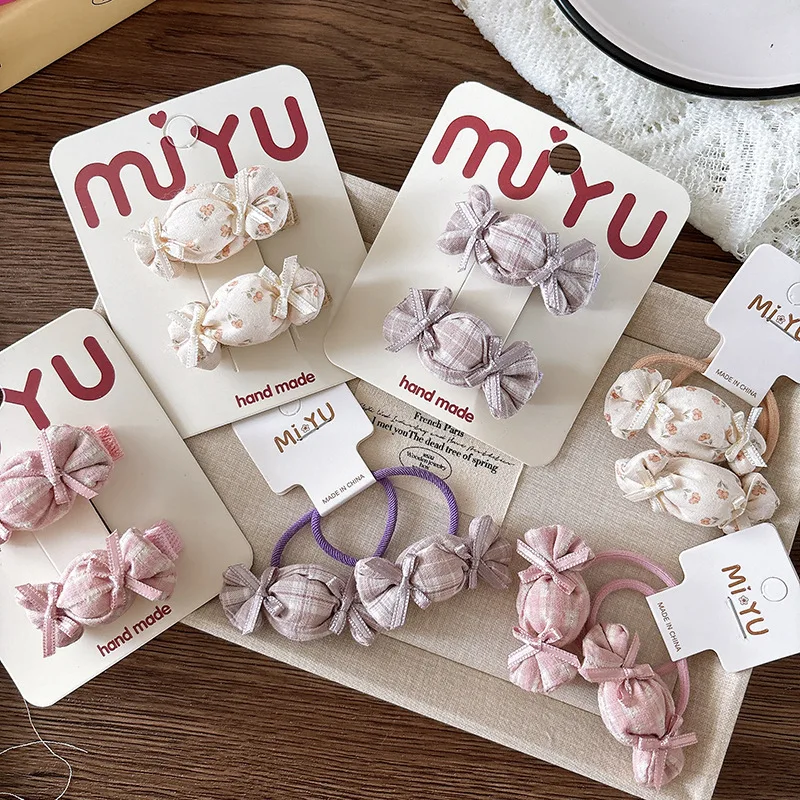 

Korean Kids Hair Clips Set 2pcs Candy Color Fabric Plaid Bangs Press Clips + Floral Bows Hair Ties Non Slip Hair Accessories