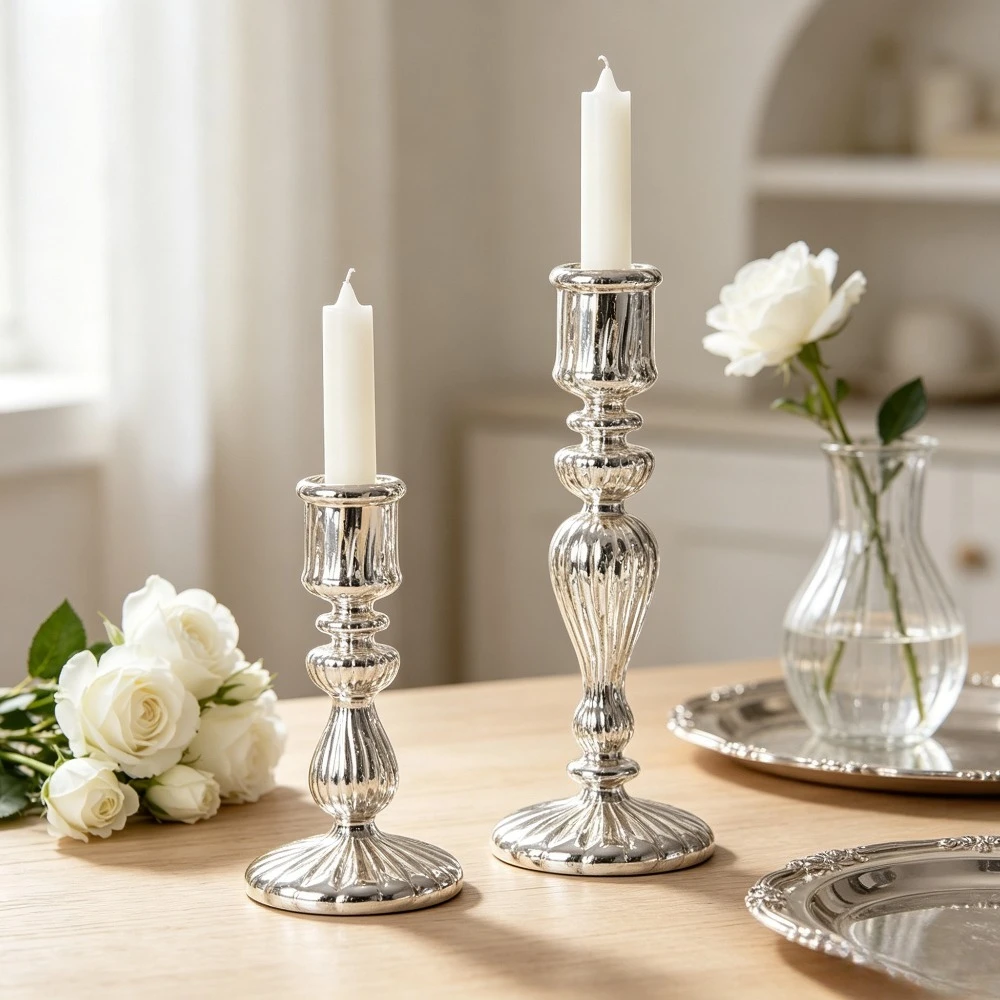 Retro Metallglas-Kerzenhalter Rot Silber Stabkerzenständer für Tischdekoration Hochzeit Feiertage Heimdekoration
