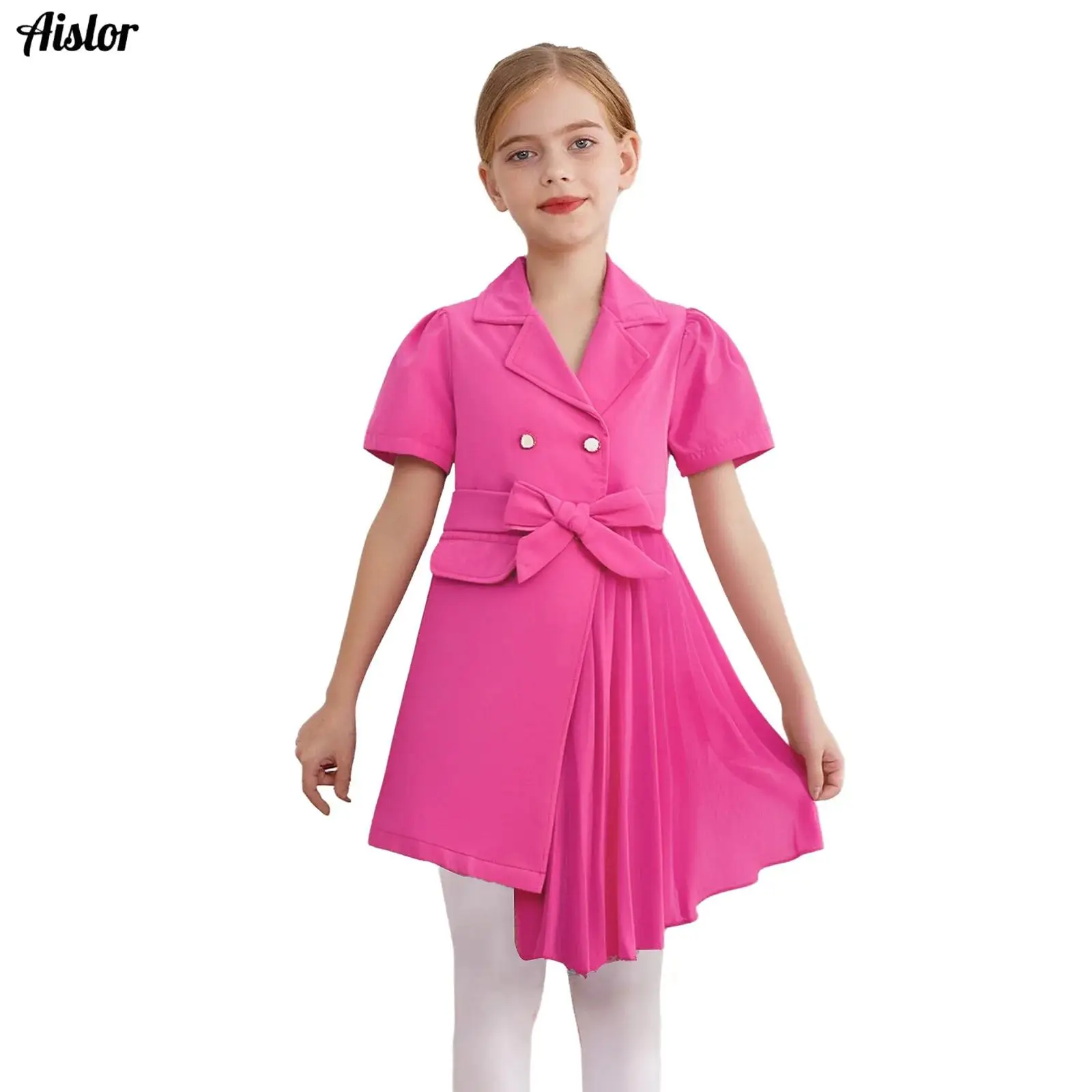 

Kids Girls Dress School Uniform Lapel Collar Short Sleeve Pleated Chiffon Patchwork Suit Dress with Belt for Pageant Party Dress