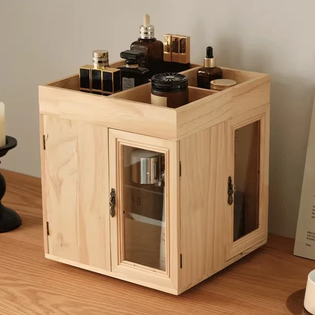 

Rotatable solid wood, wooden cosmetics storage box, desktop dresser, grid finishing rack