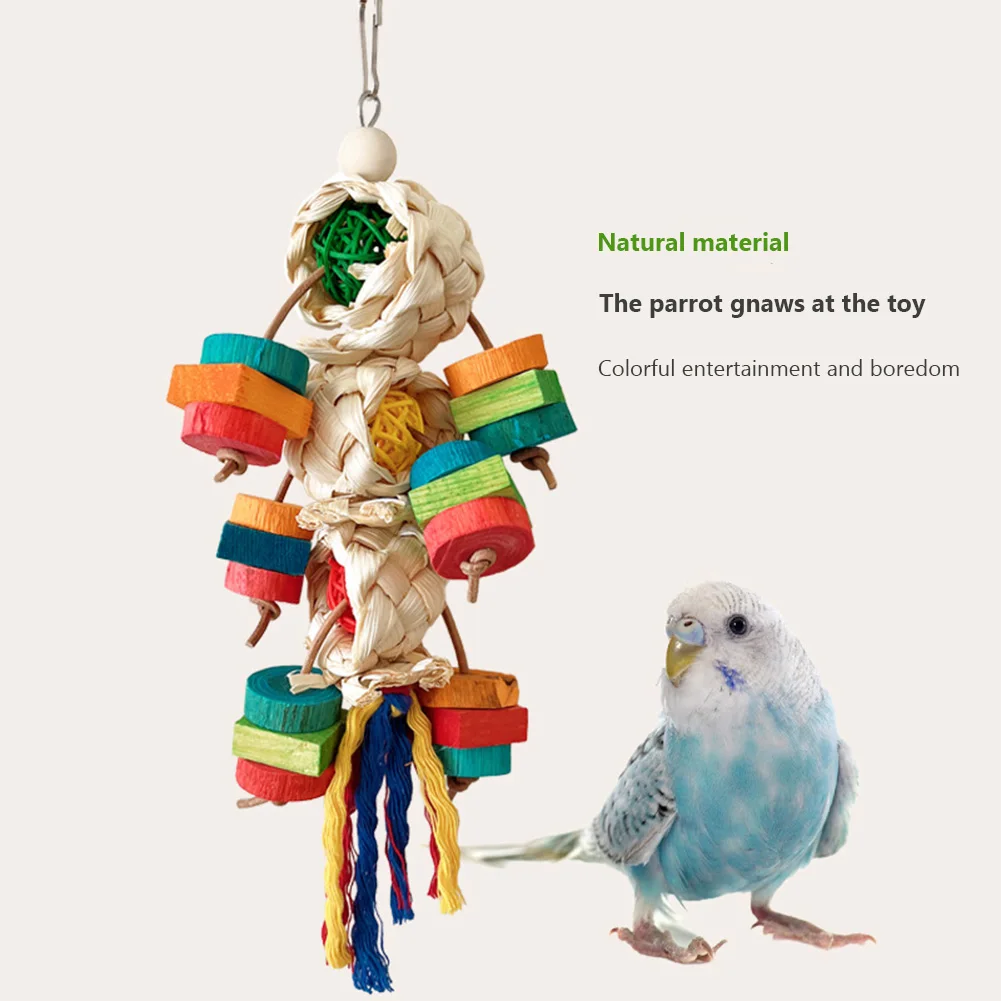 Parrot Corn Husk Chew Toys Natural Wood Block Rattan Ball Bird Chew Toys Bird Cage Colorful Hanging Decoration For Macaws