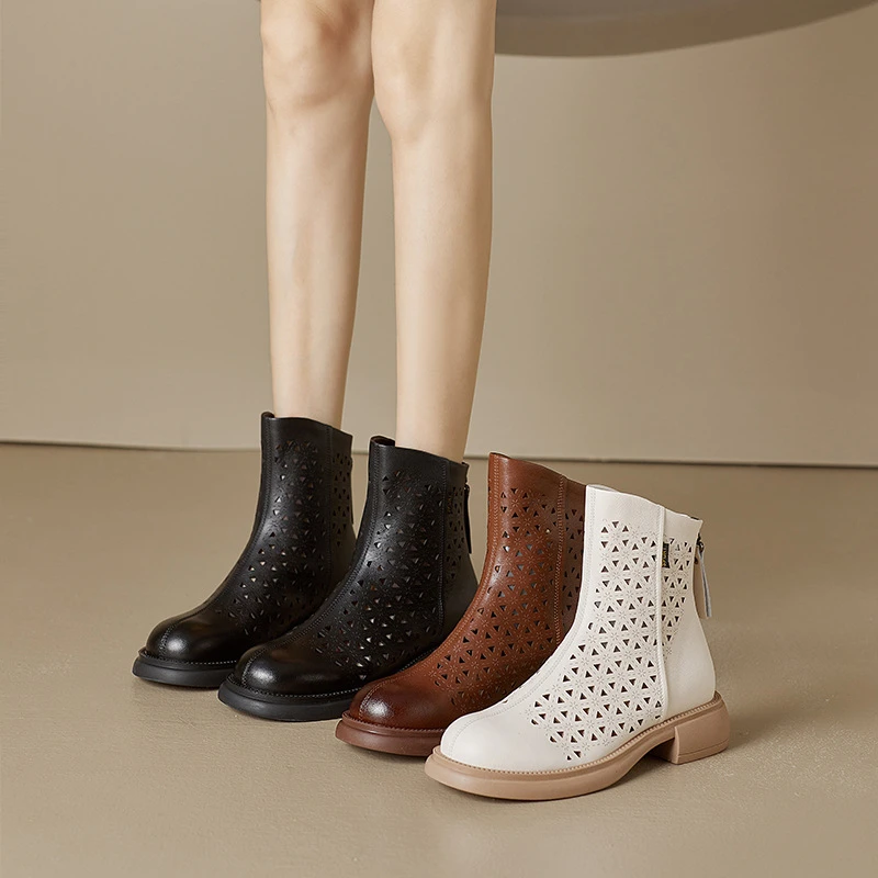 

Women Perforated Leather Ankle Boots 2026 New Round Toe Back Zipper Low Block Heel In Brown And White For Summer Fashion