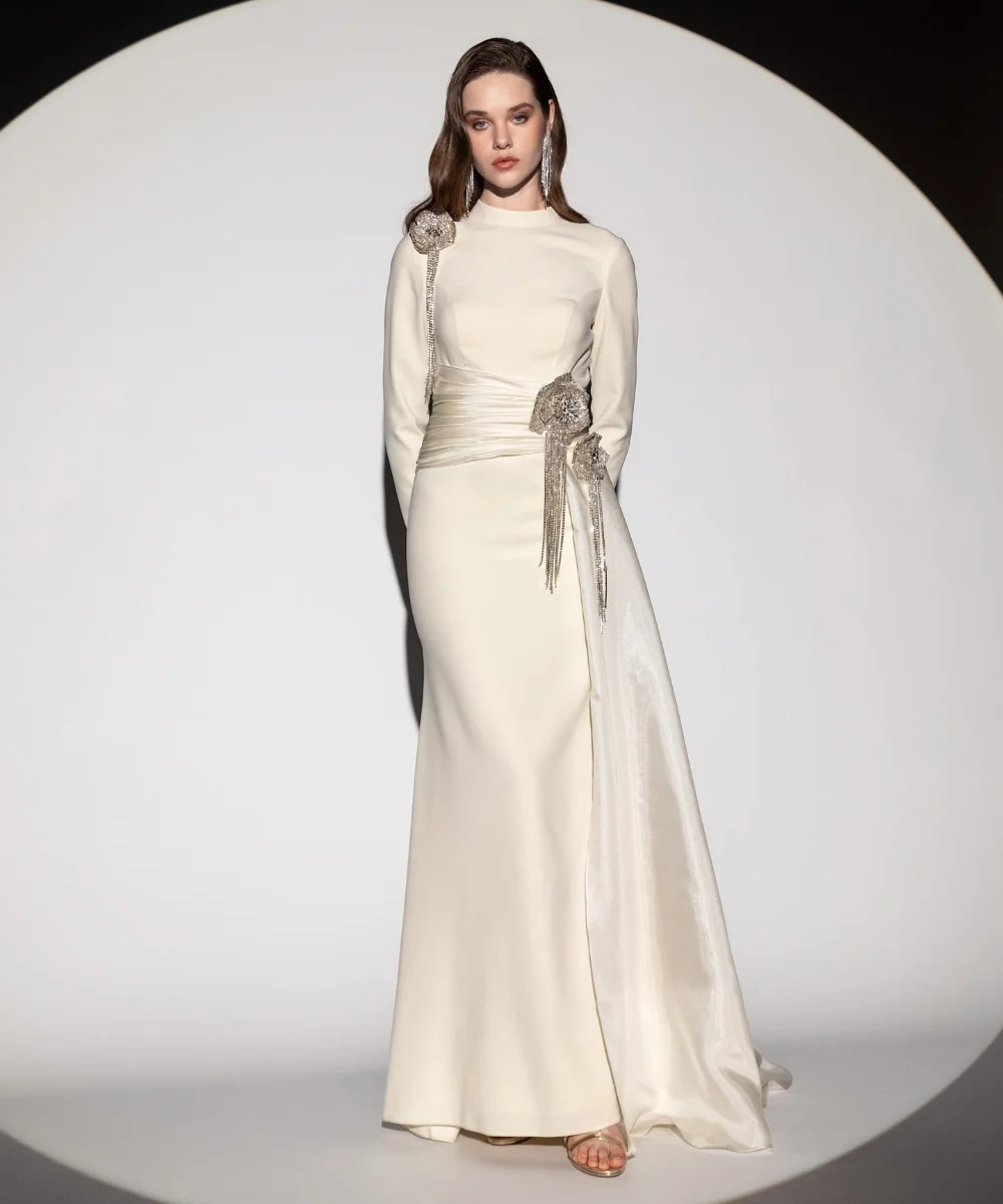 

Customized Modern Style Jersey Pleat Flower Sequined Trumpet High Collar Long Dresses Bespoke Occasion Party Sizes Available