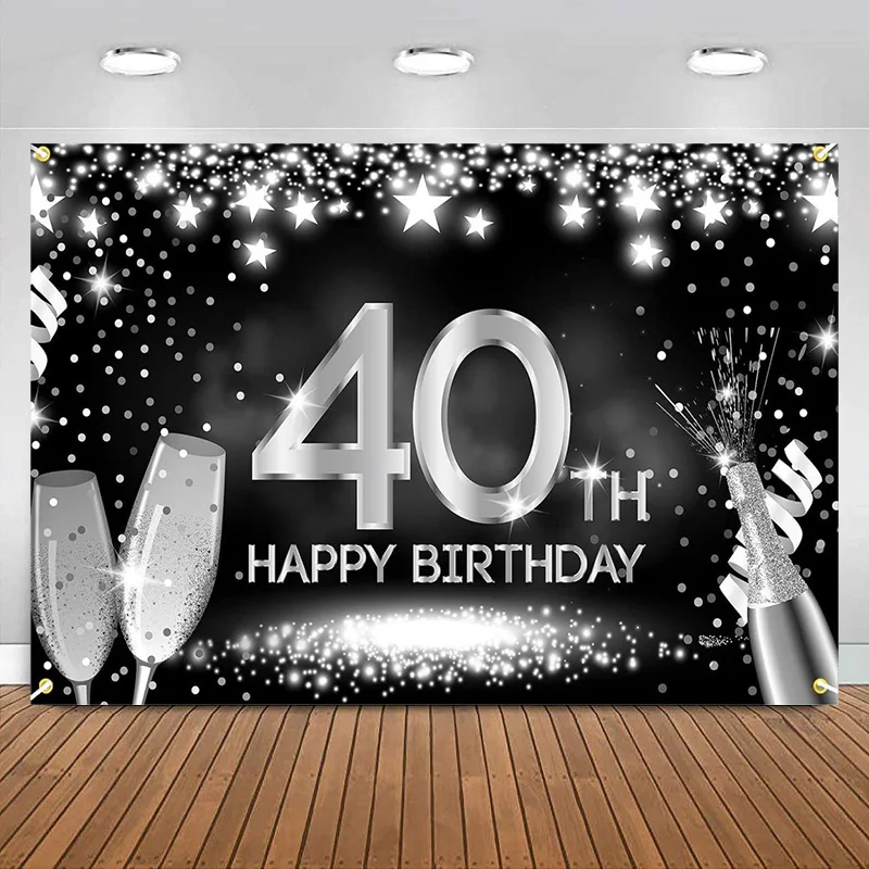 Happy 40th Birthday Banner Backdrop Silver Black Champagne Background Decorations Women Men Photography Party Supplies Glitter