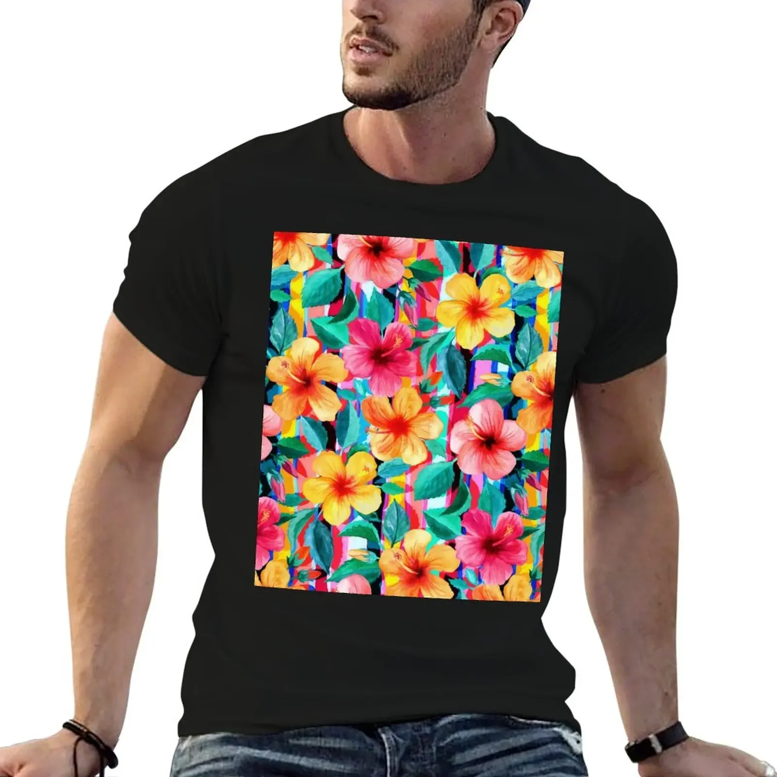 OTT Maximalist Hawaiian Hibiscus Floral with Stripes T-Shirt anime tshirt sports fans vintage anime shirt shirts men graphic