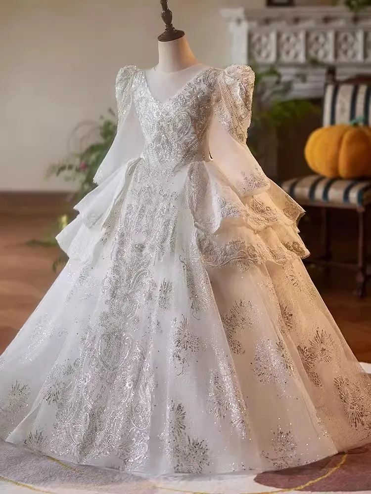 NAF79 Customized Princess Flower Girl Wedding Party Dress Beading Puffy Long Sleeve Runway Pageant Wear Birthday Evening Dresses