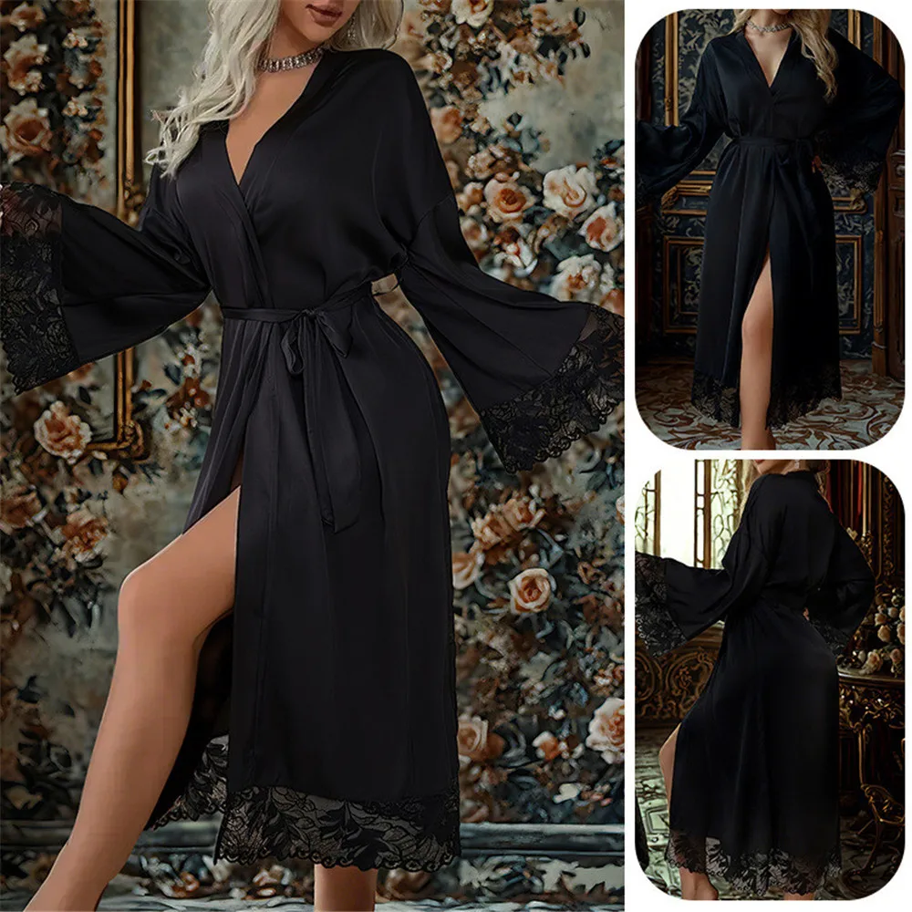 

Сплошной цвет, тонкий халат с кружевной отделкой, женское летнее черное кимоно, домашняя одежда, верхняя одежда, мягкая повседневная одежда для дома