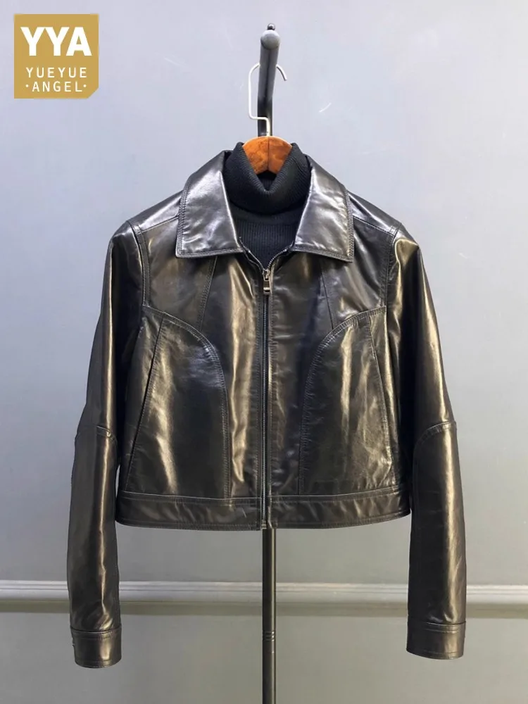Nuove donne di moda stile corto moto motociclista pelle di pecora giacca in vera pelle zip slim fit casual autunno antivento cappotto in vera pelle