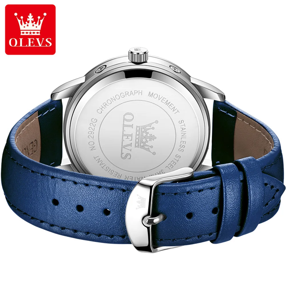 OLEVS-Montre Chronographe Multifonctions pour Homme, Classique, Trois Petits Cadrans, Étanche, Bracelet Cuir, Phase de Lune, Date