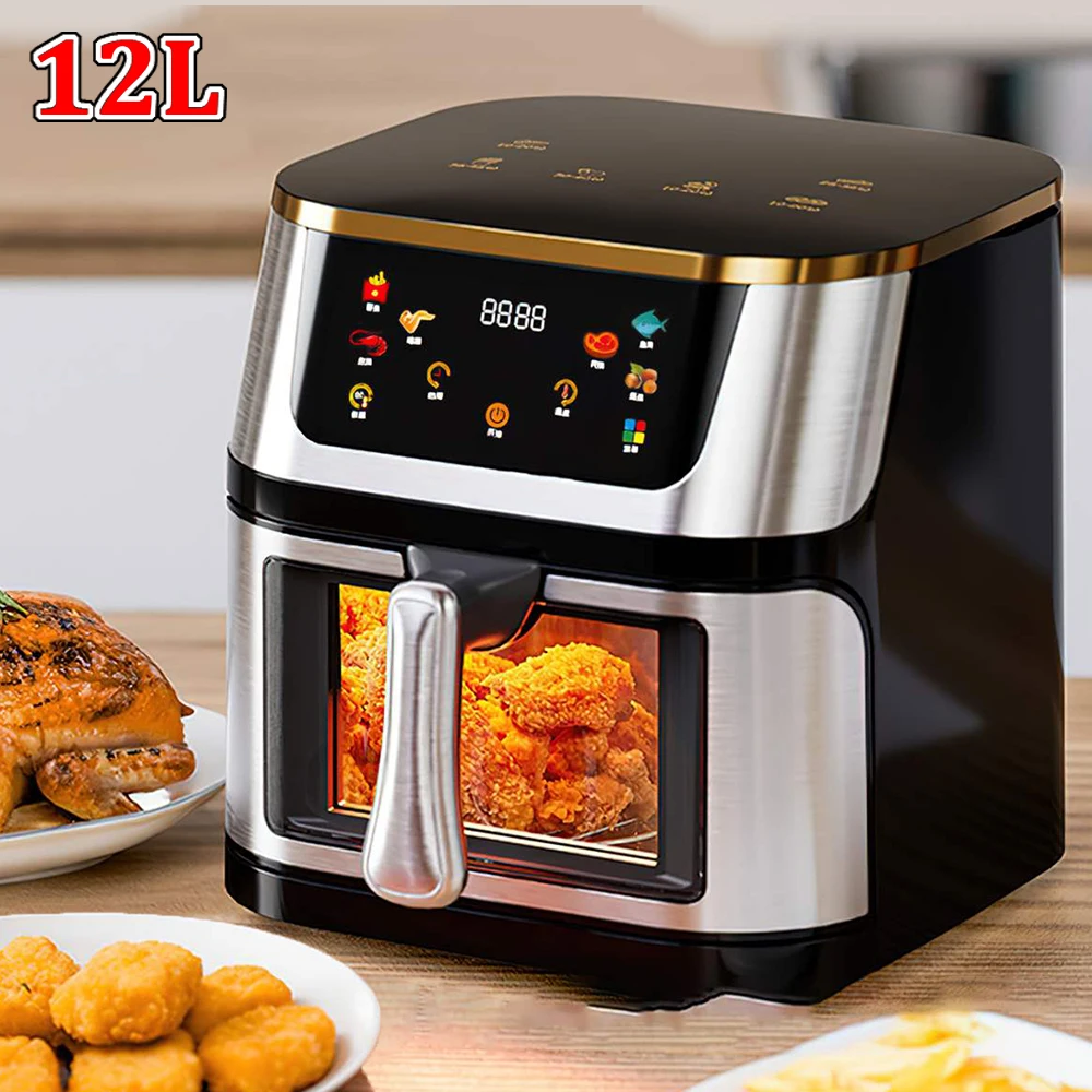 Freidora de Aire de 12L, 2800W, Acero Inoxidable, Gran Capacidad Visible, Horno Eléctrico con Pantalla Táctil, Freidora Eléctrica Multifuncional