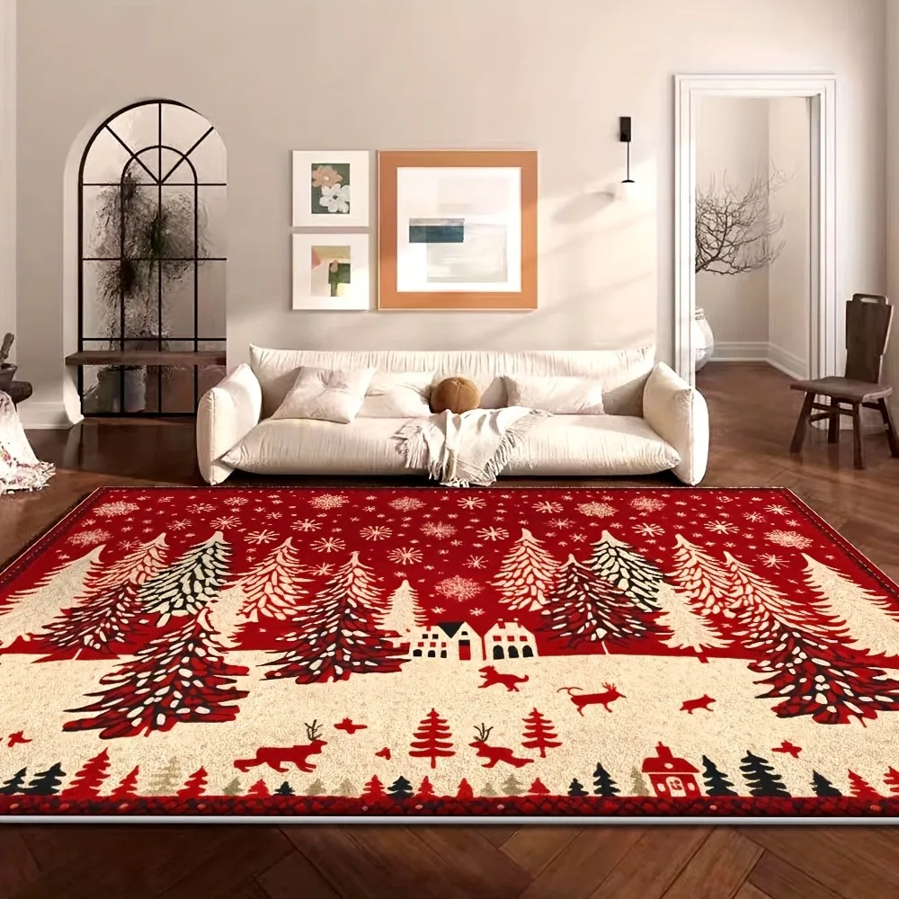 Red Green Christmas Carpet Gingerbread Man Rug Reindeer Snowflake Mat Vintage Border Home Decoration Living Room Floor Mat