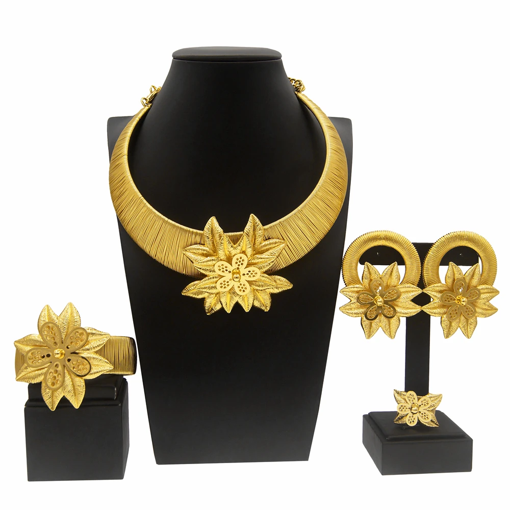 

Yuleili Brazil gold plated exquisite jewelry set Earrings bracelet flowers Golden glitter gorgeous unique charm women's party