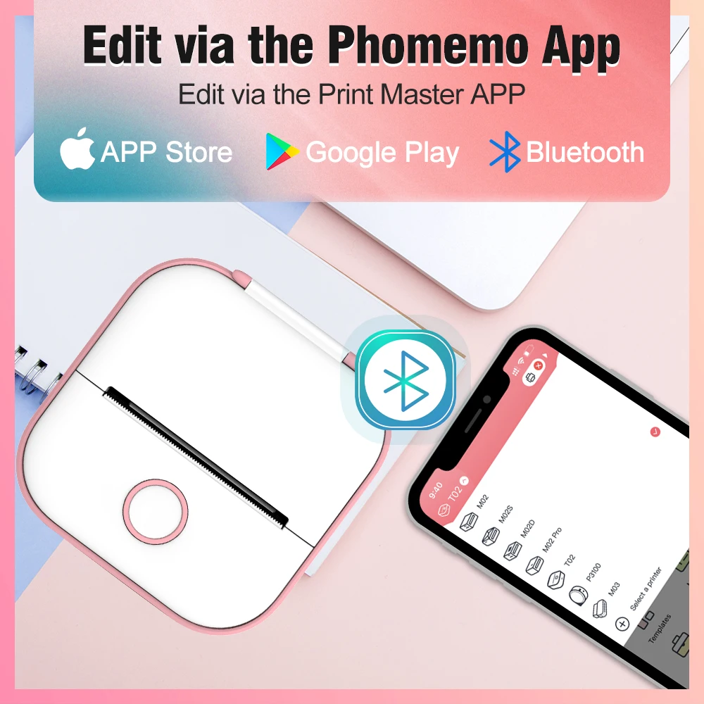 Phomemo T02 Mini Portable Thermal Printer Wireless BT Pocket Label Printer Connect 203dpi 53mm Printing