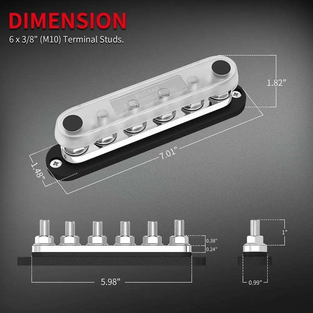300A 12V Bus Bar Power Distribution Block Red Black Dual Terminal 180° Wire Lug Installation For Vehicle Vessel