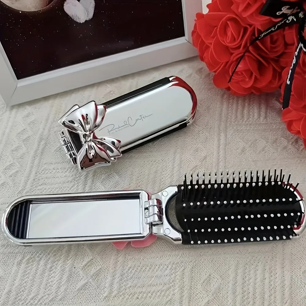 1 Stück tragbare, stilvolle Mini-Klapp-Damenhaarbürste mit Gummiborsten für alle Haartypen, perfekt zum Reisen und Einkaufen – Detail 2