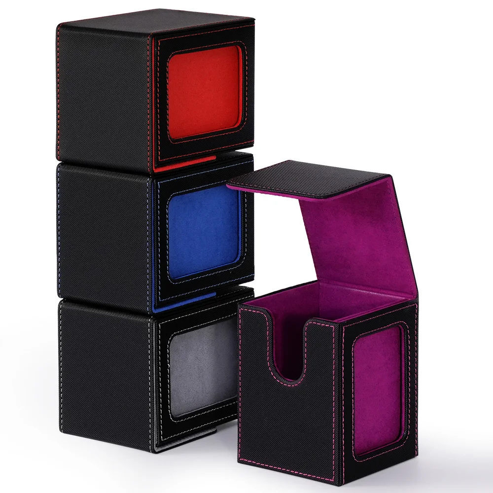4 Pack Card Deck Boxes with Display Window, Trading Card Storage Box Holds 120+ Single-Sleeved Cards , PU Leather Card Box