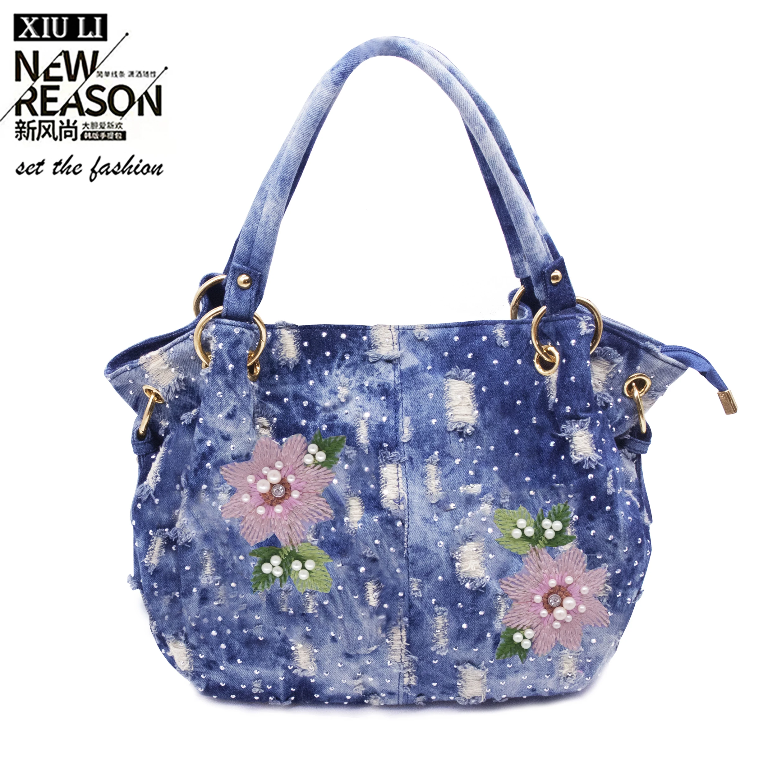 

XIU LI brand women washed denim tote bag female fashion flower embroidery handbag larger shoulder bag