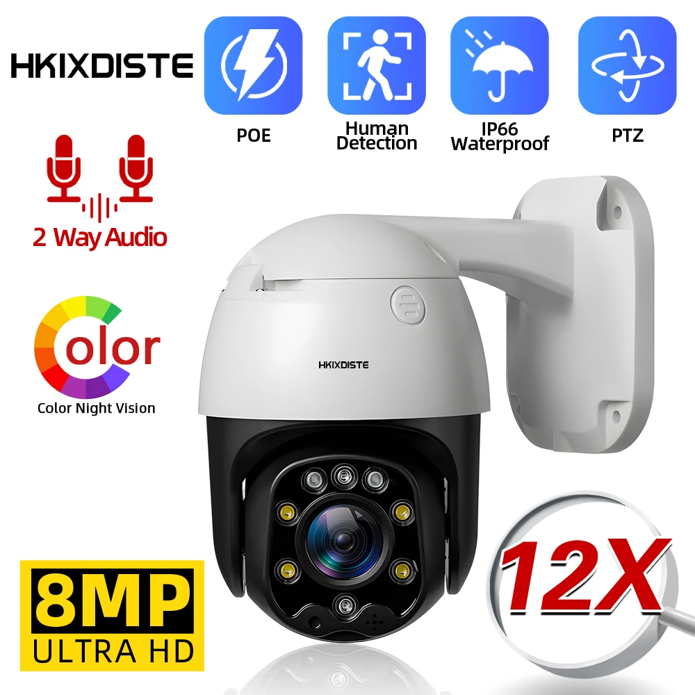 

4K POE PTZ Security Camera 10X Zoom Outdoor Full Color Night Vision CCTV Video Surveillance Camera Two Way Audio 8MP 5MP IP Cam