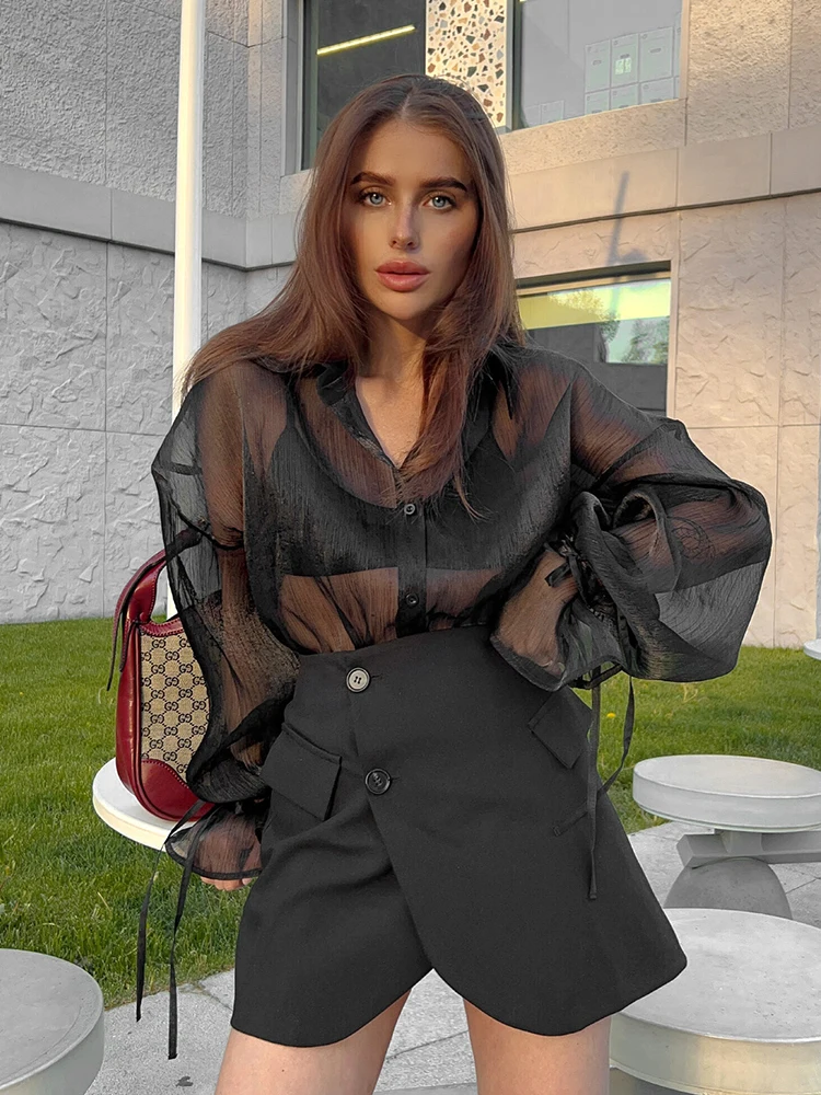 Mumaroho 2024 Spring Summer Women Elegant Long Sleeve Solid Black Mesh Shirt Ladies Sheer Chiffon Blouse For Woman Female