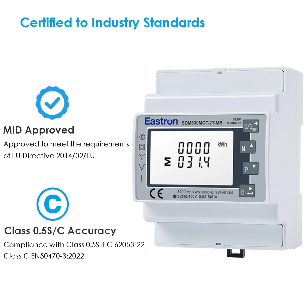 Eastron SDM630MCT-2T-MB الفئة C دقة CT & PT تعمل صناعة قياس الكهرباء 3P4W Mbus DIN السكك الحديدية السلطة متر