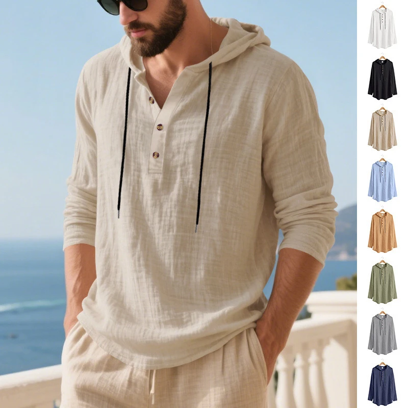 

Осенняя льняная мужская футболка с капюшоном и длинным рукавом, дышащая пляжная футболка на пуговицах для мужчин