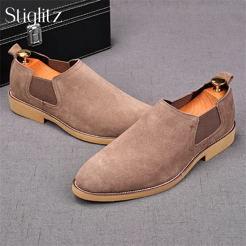 

Cow Suede Casual Shoes for Men Multi-Color Suede Comfortable Slip-On Shoes Elastic Band Loafers Fashionable British Style Shoes