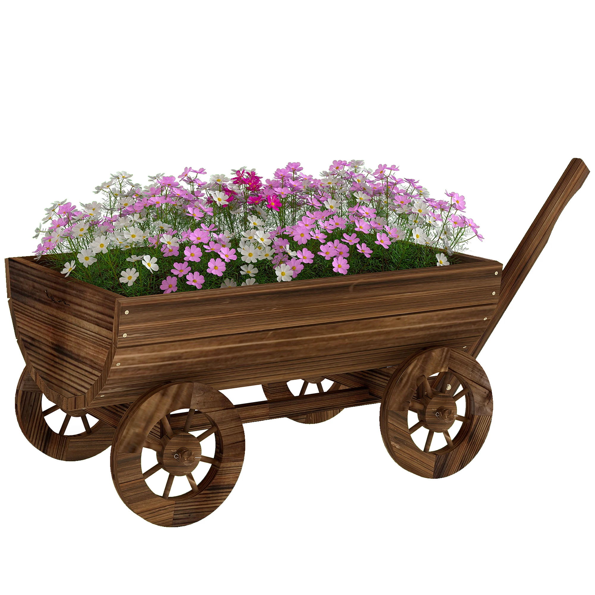 Outsunny Carrito de Madera con 4 Ruedas y Mango Drenaje 115x40x54,5 cm