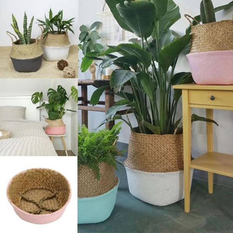 New Foldable Bamboo Storage Baskets Wicker Rattan Laundry Straw Patchwork Flower Pot Seagrass Belly Garden Planter Basket
