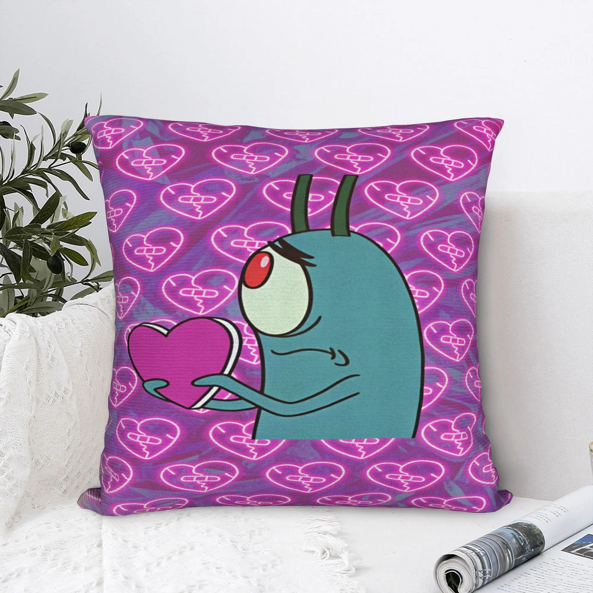 SpongeBobs Plankton  Pillow Case  Kawaii Pillow Cover Square Pillowcases For Living Room Bed Chair