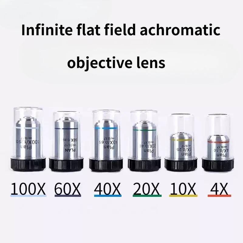 Objectif de microscope biologique 4X-100X, lentille achromatique à champ plat infini haute puissance, accessoire de microscope de laboratoire