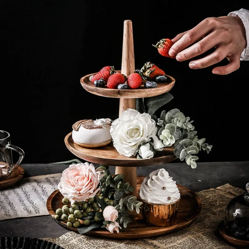 

1pcs Wooden Cake Stand 3 floors Tall Tray Cake Display Tray Fruit Plate Tableware Dinner Stands Dessert Restaurant Buffet Plate