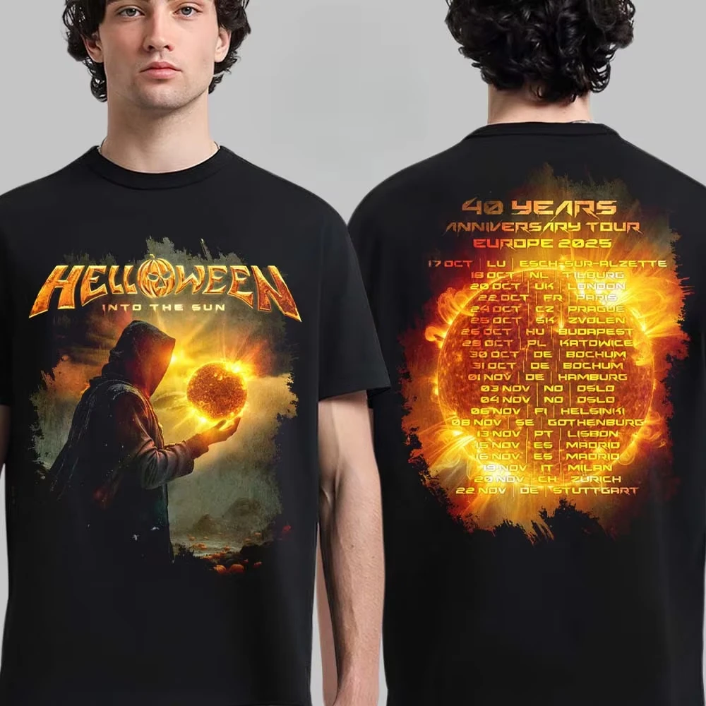 Helloween Into The Sun 40th Anniversary Tour Logo-Grafik-T-Shirt mit Zauberer-Kunst auf der Vorderseite und Tourdaten auf der Rückseite, Metal-Streetwear