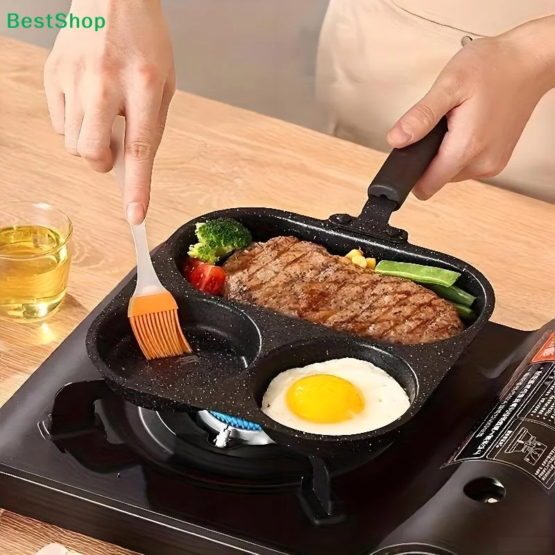Iron Kitchen Egg Frying Pan 3/4 Section Divided Non-Stick Steak Cooking Grill Pan Egg Pancake Steak Pan Kitchen Cooking Tool